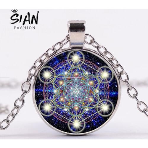 SIAN Sacred Charming Metatron Cube Pendant Necklace Geometry Flower Pattern Art Photo Glass Cabochon Necklaces For Women Gifts