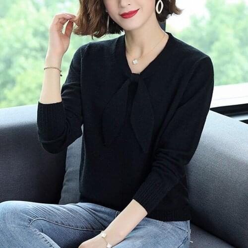 Uego Solid Color Bow Collar Fashion Knitted Sweater Women Pullover Autumn Sweaters Shirts Basic Tops Lady Spring Casual Sweater