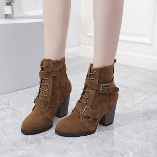 Autumn Shoes Women Ankle Boots Fashion Lace Up Buckle Suede Square Heels Ladies Flock Casual Warm Short Boots Female