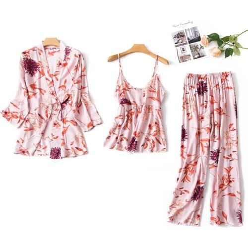 New Spring Japan Cotton Satin Print 3 pieces Pajamas Sets Women Summer Thin Loose Long Sleeve Sleepwear Female Cami Top Homewear