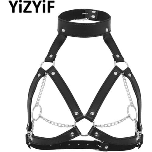 Punk Gothic PU Leather Harness Bra Garter Belt Adjustable Chest Straps Metal Chain Tassel Crop Tops Sexy Lingerie Belt For Women