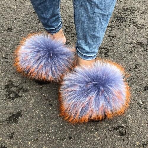 Womens Furry Colorful Raccoon Fur Slippers Ladies Fur Slides Female Fluffy Sandals Girls Fashion Flip Flops Plush House Shoes