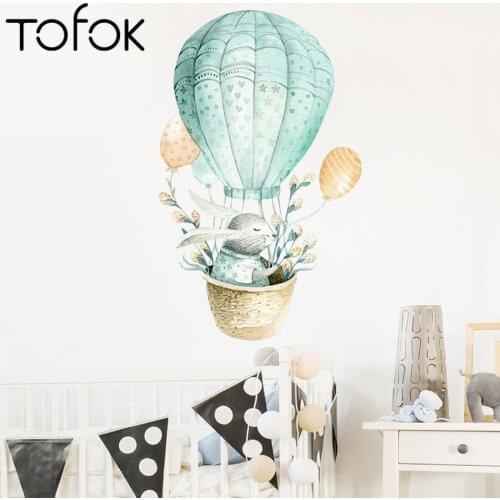 Tofok Bunny Green Hot Air Balloon DIY Home Wall Stickers Kids Girl Room Decorative Poster Window Door Cabinet Mural Decals