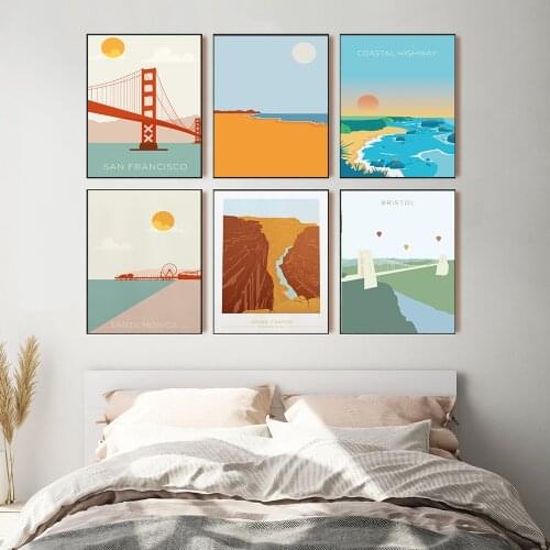 Nordic Vintage Travel Cities Poster San Francisco Golden Gate Bridge Landscape Art Canvas Painting Wall Pictures Home Decor