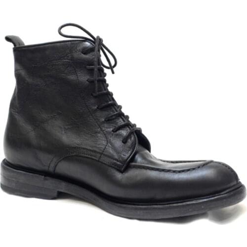 High Quality Washed Vintage Mens Genuine Leather Boots Casual Round Toe Lace Up Cowhide High Top Low Heels Male Shoes Streetwear