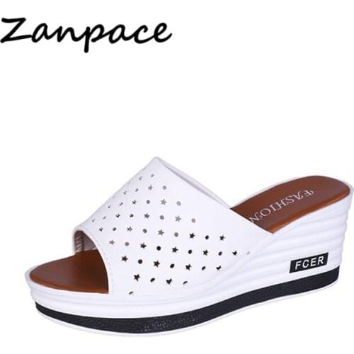 Casual Slippers Women Summer 2019 Leather Surface Word Drag Slope with Womens Sandals Fashion Wild Thick House Shoes Flip Flops