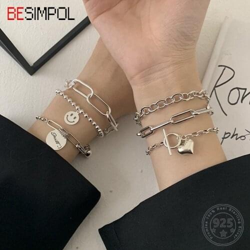 Besimpol Genuine 925 Sterling Silver Chain Bracelet Fashion Letter Heart Smile Charm Bracelets for Women Luxury Fine Jewelry New