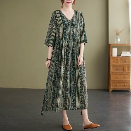 Women Cotton Linen Casual Dress New Arrival 2021 Summer Vintage Style V-neck Print Loose Ladies Elegant A-line Long Dresses B767