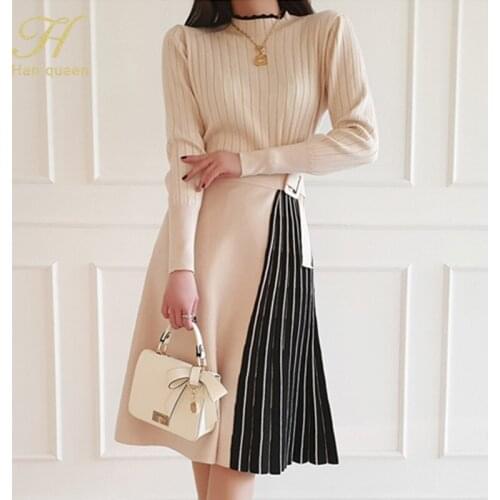 H Han Queen New Spring Women Color block Pleated Knitted Dresses Lace-up Office Dress Elegant A-line Bottoming Sweater Vestidos