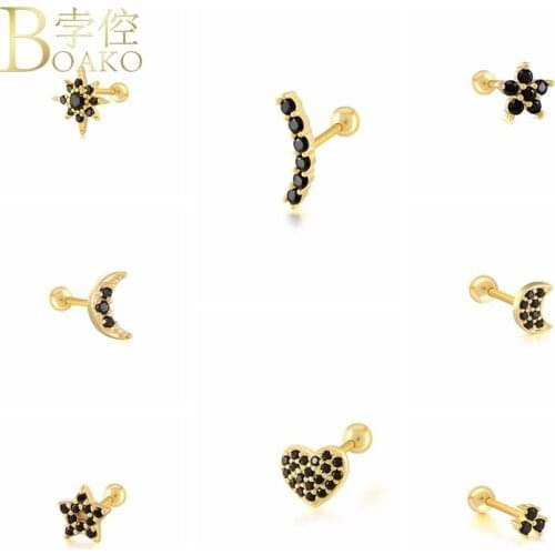 2pcs 925 Sterling Silver Cartilage Stud Earring Bling Zircon Pendientes Moon and Star Woman Piercing Earrings Fine Jewerly Gifts