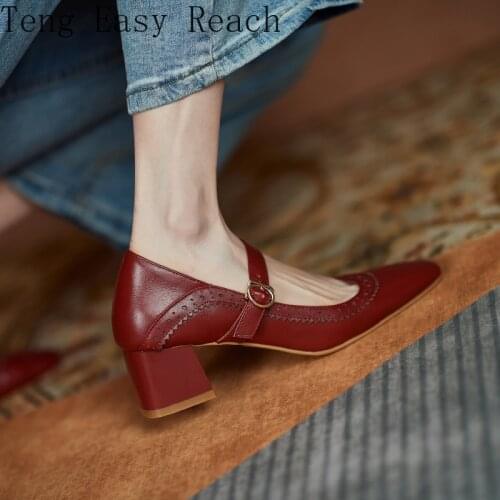 2021 Womens Shoes 34-39 Natural Leather Square Toe Cutout Mary Jane Shoes Women Pumps High Heel Shoes Women Heels Red Shoes