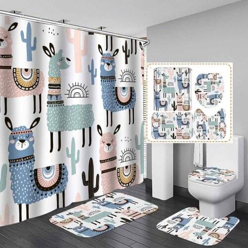 Cartoon Alpaca Animal Bath Shower Curtain 3pcs Bathroom Rug Sets Non-slip Bath Mat Toilet Cover Kitchen Carpet Bathroom Decor