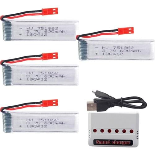4PCS 3.7V 600mAh 751862 Lipolymer High Rate Rechargeable Battery +Charger For Drone Quadcopter Helicopter JST Plug
