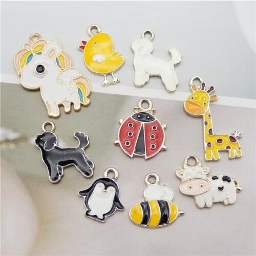 Julie Wang 5/9PCS Enamel Charms Mixed Cow Dog Horse Chick Bee Alloy Cartoon Animal Insect Pendant Jewelry Making Accessory