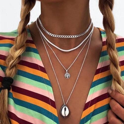 Bohemian Multilayer Natural Sea Shell Tree Pendant Necklace for Women Thick Chains Geometric Necklace Jewelry Kolye YN1122