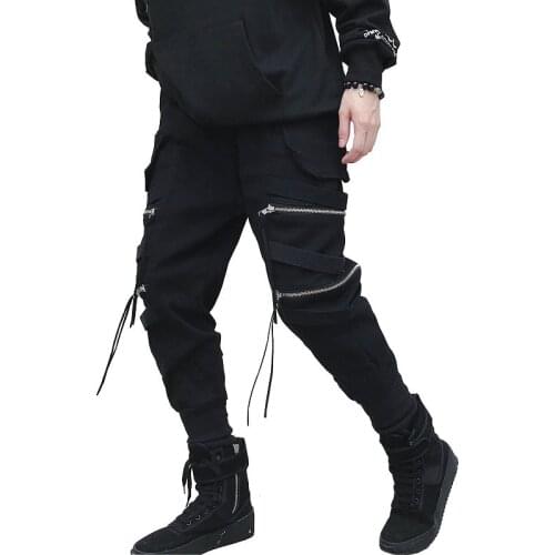 2019 Hip Hop Pants Streetwear Joggers Men Black Zippers Ribbon Harem Pants Cotton Casual Slim Sweatpants Men drop shipping LBZ57