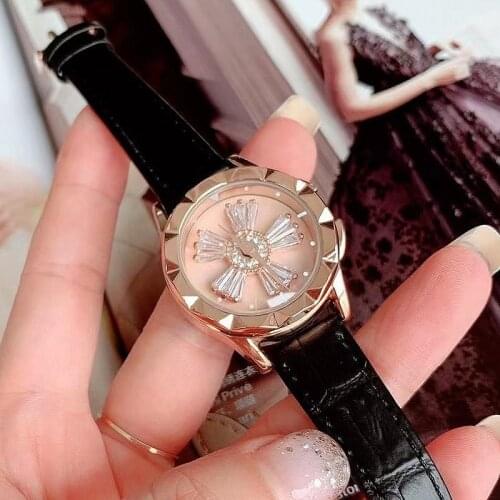 Luxury Leather Strap Rose Cold Watches for Women Crystal Spinning Watch Waterproof GOOD LUCK Rotating Quartz Watch + Gift Box