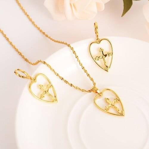 Heart cross Jewelry sets Classical Necklaces Earrings Set 18 k Solid G/F Gold Arab/Africa Wedding Brides Dowry women girls