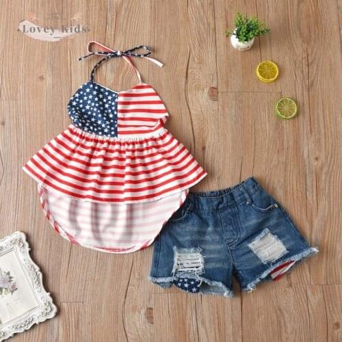 2021 Summer Baby Girl Clothes Two Piece Set Striped Sleeveless Bandage Tops T-shirt Hole Denim Shorts Independence Day 1-6Y