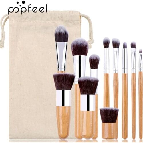 Hot Sale High Quality 11pcs Natural Bamboo Handle Makeup Brushes Set With Cotton Bag Foundation Blending Cosmetic Make Up Tool