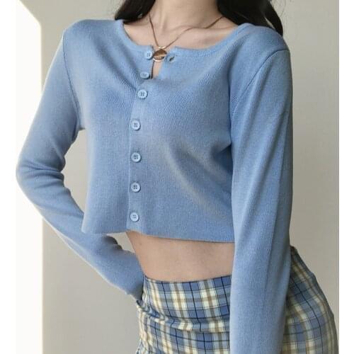 Single Breasted Sexy Solid Knitted Sweater for Women Slim O-Neck Ladies Crop Tops Spring Short Style Female Knitted Cardigans