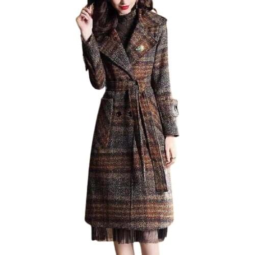 2021 Winter New Women Warm Woollen Coat Elegant Plaid A-line Sashes Wool Outwear Female Big Pocket Loose Plus Size Coat