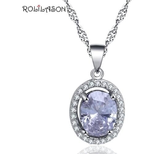 ROLILASON simple style design white zircon crystal silver color necklace pendant classic wedding gift LN689