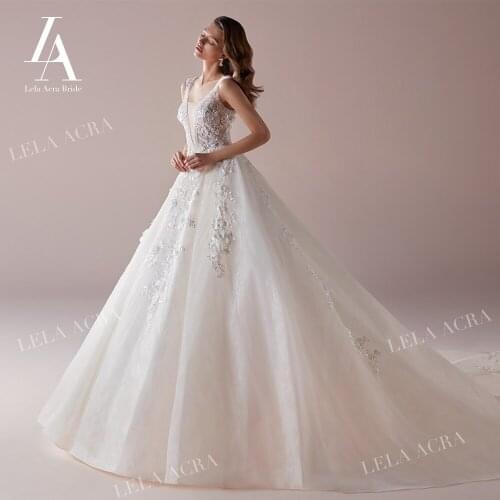 Luxury Beaded Appliques Wedding Dress V-neck Sleeveless Backless Ball Gown Princess Train LelaAcra NZ62 Bride Vestido De Noiva