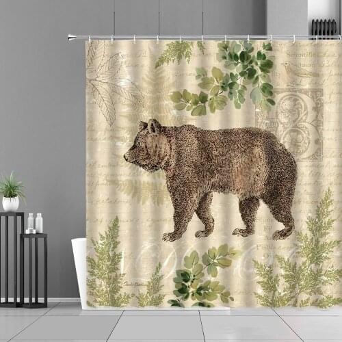 North America Wild Animal Brown Bear Shower Curtains Jungle Wildlife Green Leaves Print Waterproof Bathroom Curtain Home Decor