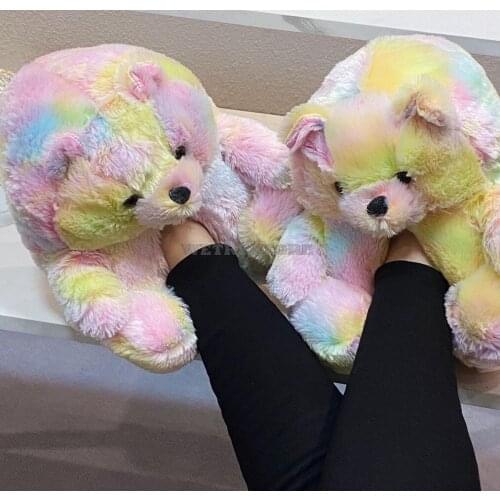 2021 Plush Bear House Slippers Brown Women Home Indoor Soft Anti-slip Faux Fur Cute Fluffy Home Slippers Women Winter Teddy Shoe