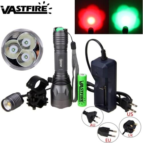 VASTFIRE 10000Lm Tactical Hunting Light Q5 LED Green/Red Flashlight Linternas+Pressure Switch+18650 Battery+Rifle Mount+ Charger