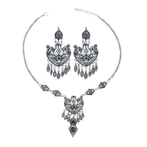 Vintage Indian Bollywood Traditional Jewelry Set Bohemian Hollow Crystal Wedding Choker Necklace Earrings Maangtikka Jewelry Set