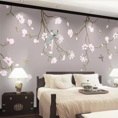 Wellyu New Chinese-style hand-painted magnolia bird bedside bedroom wall custom large mural wallpaper papel de parede mural