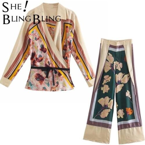 SheBlingBling Za Woman 2021 Casual Thin Summer Printed Wrap Front Belted Loose Shirt + Long Pants Suits Female Traf 2 Piece Sets