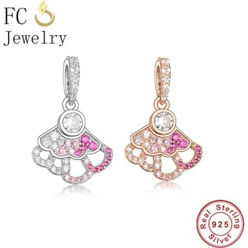 FC Jewelry Fit Original Brand Charm Bracelet 925 Sterling Silver Hollow Fans Pink Zirconia Bead For Making Women Berloque 2020