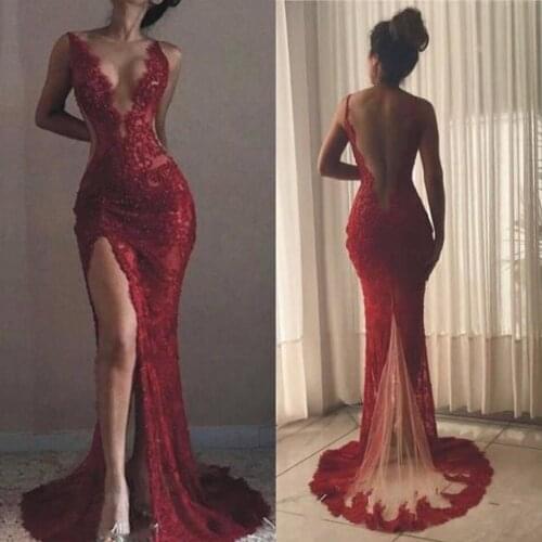 Applique Prom Dresses Long Mermaid Open Back Evening Gowns robe de soiree vestido longo Sexy Slit Evening Dress Burgundy
