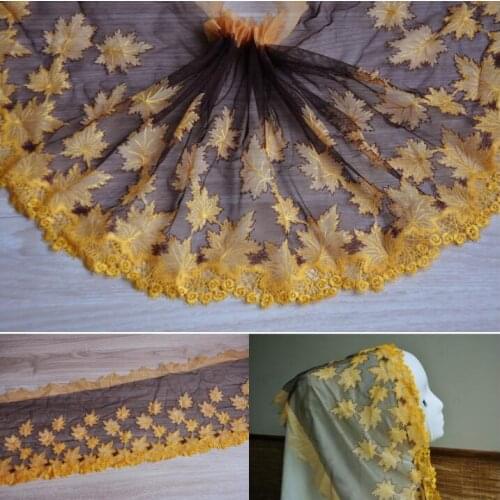 1 Meter High Quality Coffee Backing Yellow Leaf Lace Fabric 21cm Width Embroidery Lace Trim Mesh for Wedding Dress