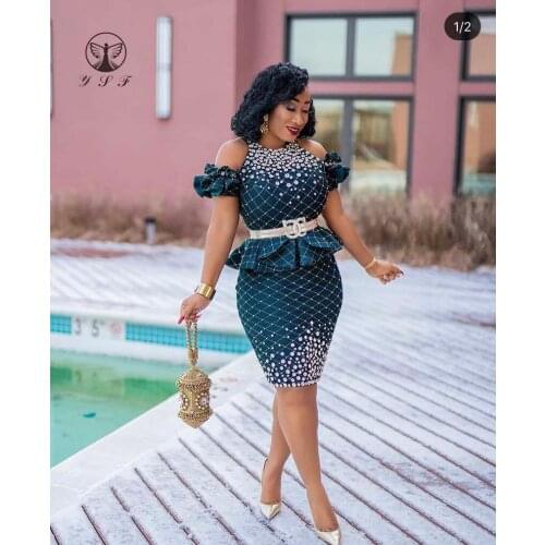 2021 Cocktail Dresses O Neck Green Crystals Short Sleeve Belt Short Mini Length Gown