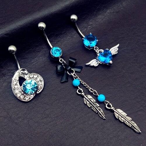 3pcs 2019 new arrivals blue heart CZ bow mix style dangling navel belly bar button rings body piercing jewelry free shipping