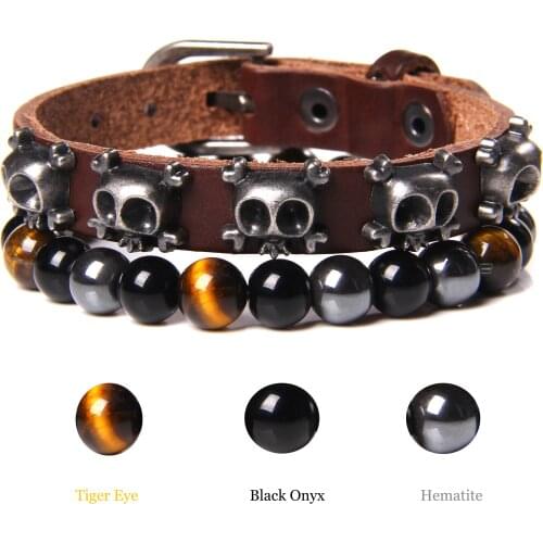 Skull Leather Bracelets For Men Natural Stone Tiger Eye Hematite Beaded Bracelet&Bangle Vintage Ethnic Tribal Wristband Jewelry