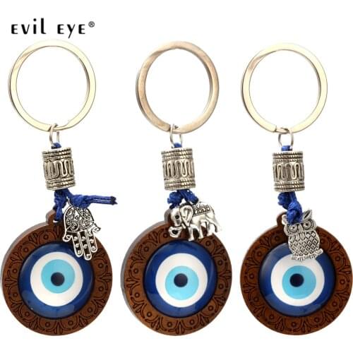 EVIL EYE Key Chain Wood Blue Turkish Eye Pendant Hamsa Hand Elephant Owl Charm Keychain Fashion Jewelry for Women Men EY6296