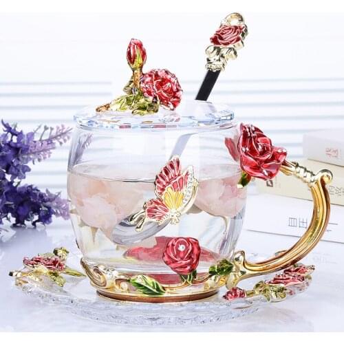 Rose Blossom and Rhinestones Decorated Enamel Coffee Cup Mug Flower Tea Glass Milk Cups Alloy Handgrip Cups and Mugs Gift