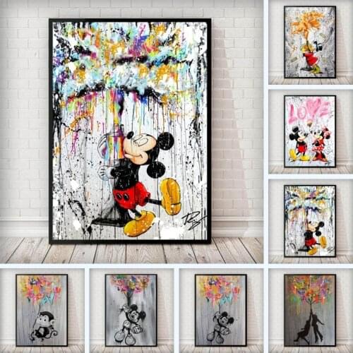 Graffiti Art Disney Anime Mickey Mouse with Colors Balloon Canvas Painting Street Pop Art Poster Print Wall Art Picture Kid Room