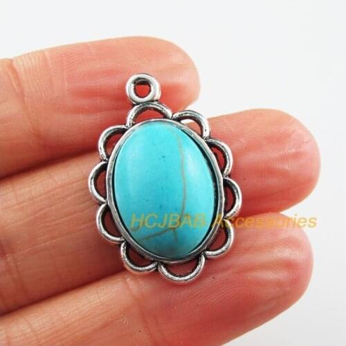 Fashion 8 New Oval Flower Charms Tibetan Silver Color Blue Stone Pendants 19.5x28.5mm