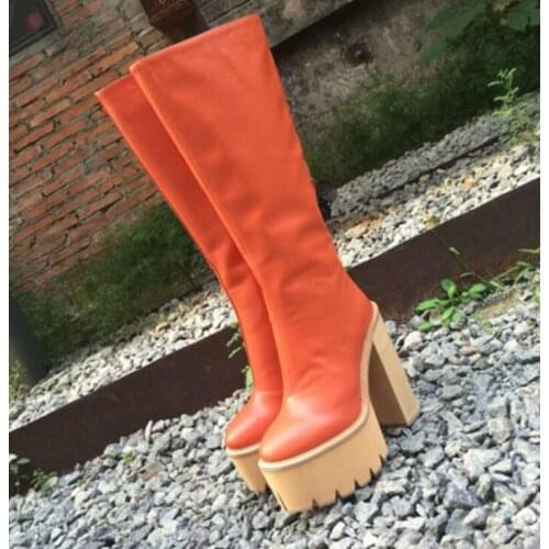 Fashion Cow Leather High Platform Knee Boots Chunky High Heel Boots Female Orange Black Antiskid Thick Sole Punk Botas