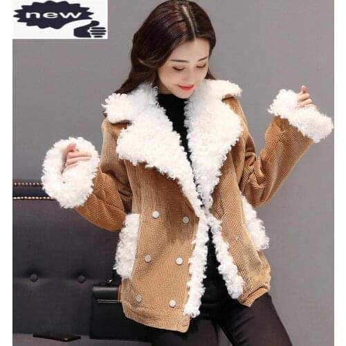 Fashion Warm Winter Womens Lambswool Corduroy Jackets Preppy Style Long Sleeve Double Breasted Street Female Thick Short Coats