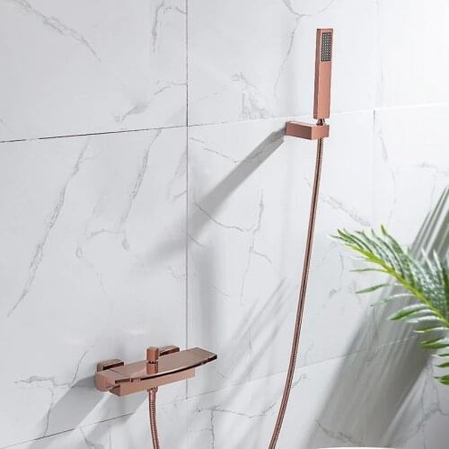Rose Gold Bath and Shower Faucet Set Soild Brass Bathtub Shower Faucet Mixer Tap With Handheld Waterfall Type Wall Mounted