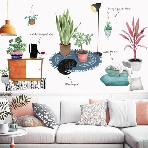 Cartoon Cats Life Wall Stickers Green Leaf Plant Bedroom Decor Living Room Sofa Backdrop Wall Decoration Wallpaper