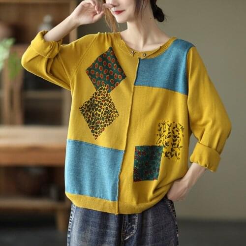 NINI WONDERLAND 2021 Autumn New Splicing Cotton Vintage Knitted Pullover Sweater Women Long Sleeve Patchwork Loose Knit Sweaters