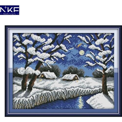 NKF River Views In Winter Cross Stitch Handmade Craft Needlework Cross Stitch Set Embroidery Scenery Design Stitching Home Decor